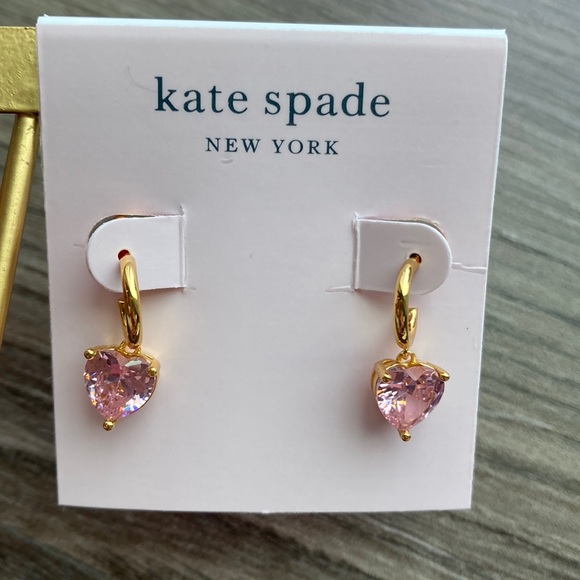 Kate Spade Gold-Tone Heart Charm Huggie Hoop Earrings- Pink/Gold - Picture 2 of 5